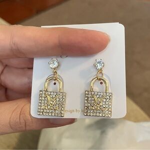 Lv gold and rhinestone lock earrings